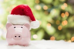 piggy bank with Santa hat on