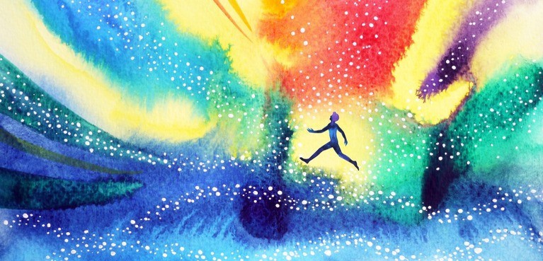 Colorful illustration of a man running in a spiritual realm