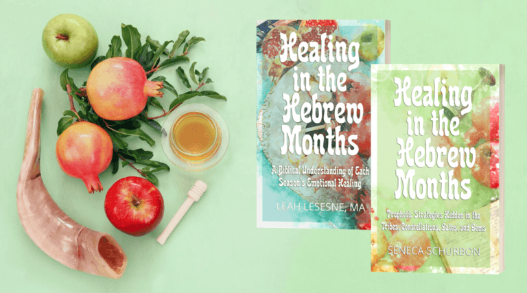 Two books in the Healing in the Hebrew Months series on a light green background with pomegranates, honey and a shofar