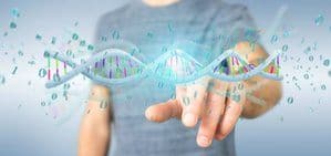 man touching a strand of DNA in the air in front of him