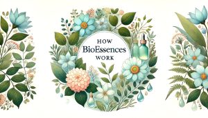 Floral wreath in greens, teals, and apricot with dropper bottles and the post title in the center.