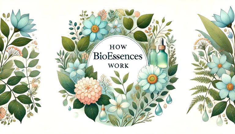 Floral wreath in greens, teals, and apricot with dropper bottles and the post title in the center.