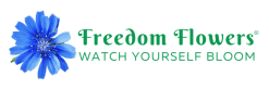 Freedom Flowers logo of blue flower and green text