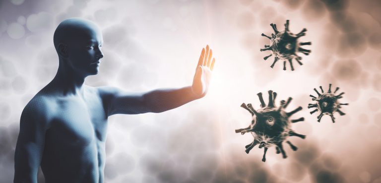 Image of a man holding his hand up against viruses