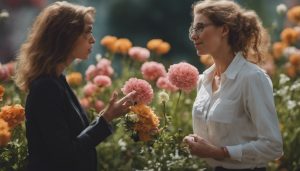Two women in a flower garden having an intense discussion