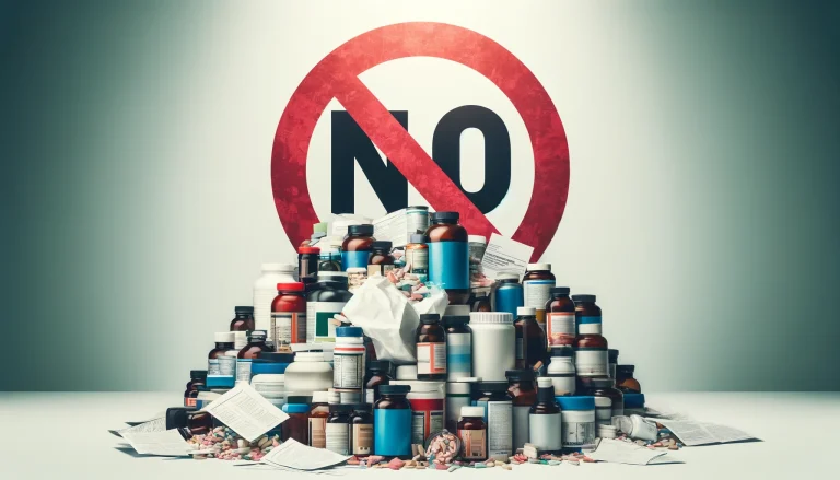 A pile of different supplements and written instructions stacked on a table with a "no" symbol over the top of them.
