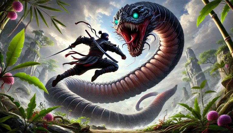 Illustration of fantasy scene featuring a skilled ninja warrior actively fighting a giant monstrous worm.