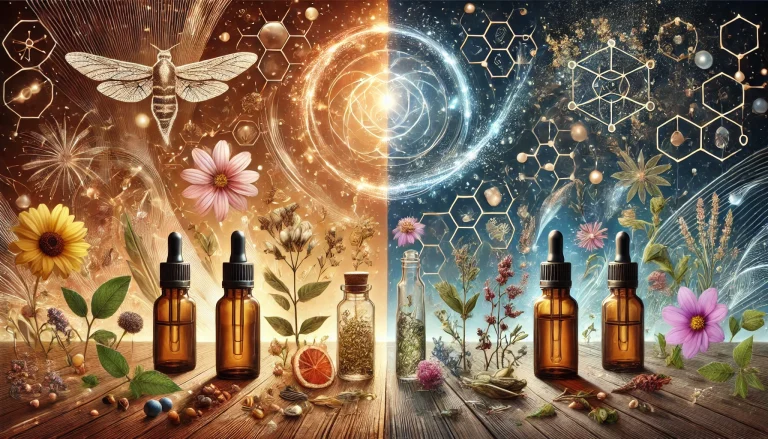 An illustration depicting flower essences with various constituents vs herbal tinctures.