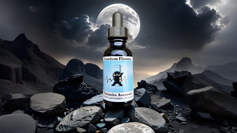 Bottle of Parasite Assassin sitting on somd black rocks in front of a full moon.