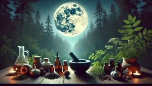 A wooden table outdoors in front of a full moon with dropper bottles, herbs, and a mortar and pestle.