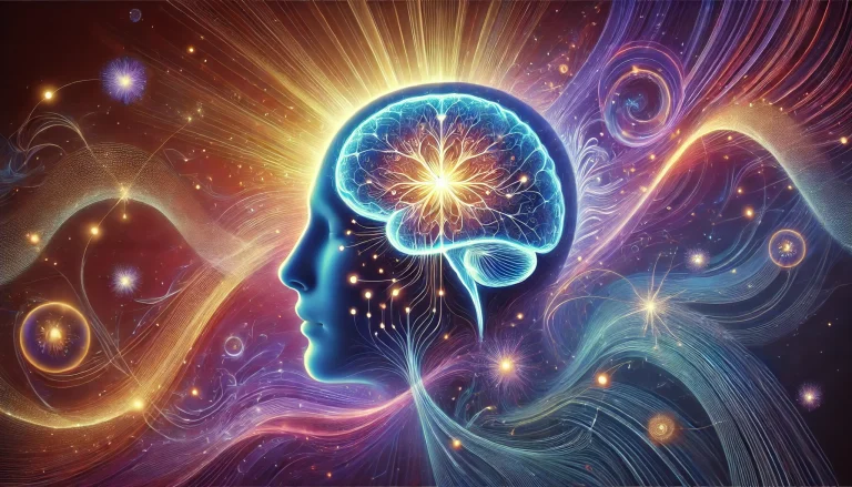 Human brain with glowing neural pathways and mystical swirls of light around it.