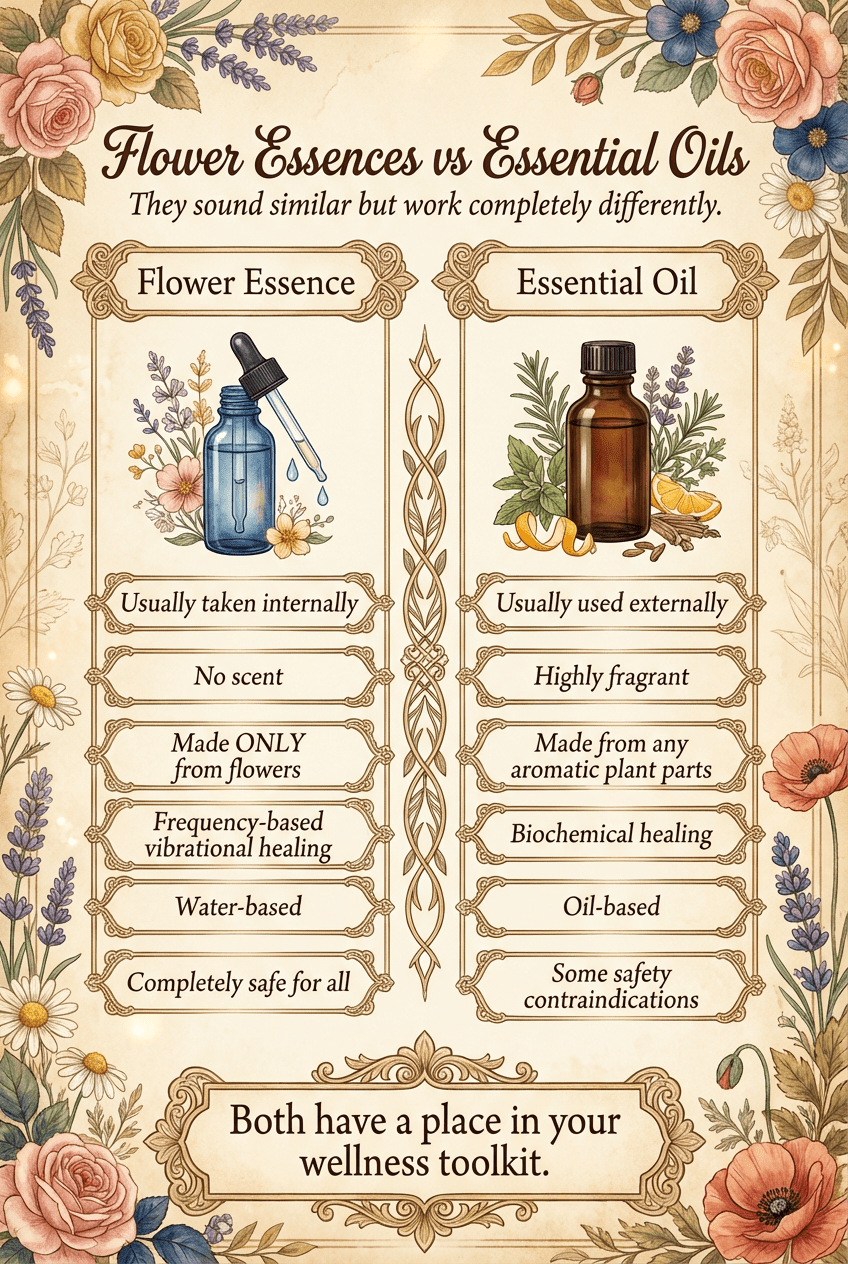 Side by side comparison infographic of flower essences versus essential oils showing key differences in how they work, how they are made, and safety