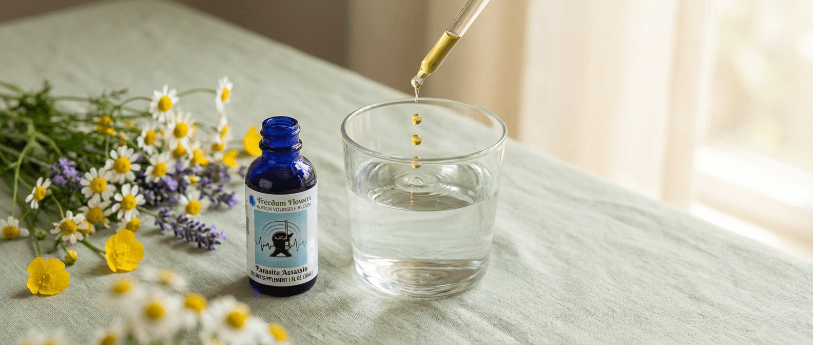 4 drops of an essence being dropped in a glass of water. Wildflower bunch laid on the linen covered table.