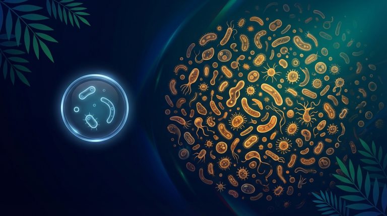 Illustration showing the contrast between a small petri dish containing just a few organisms in cold blue light and a massive swarm of hundreds of diverse microscopic organisms in warm amber, representing the gap between what standard parasite tests detect and what actually exists.