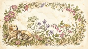 Flower essences for animals A-Z reference banner: golden retriever and tabby cat resting among wild roses, bleeding heart, borage, yarrow, and chamomile