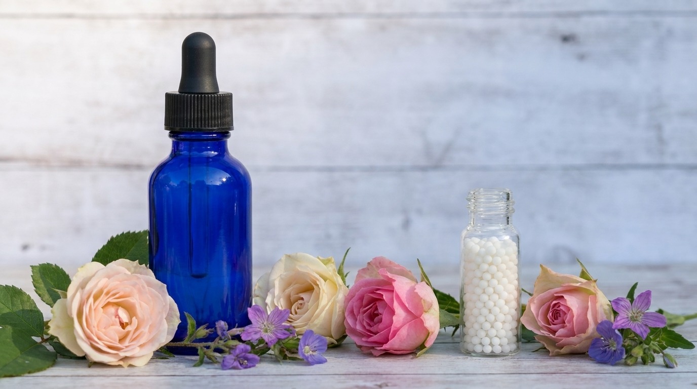 Flower essences vs homeopathy comparison: blue cobalt dropper bottle next to homeopathic pellet vial with garden roses