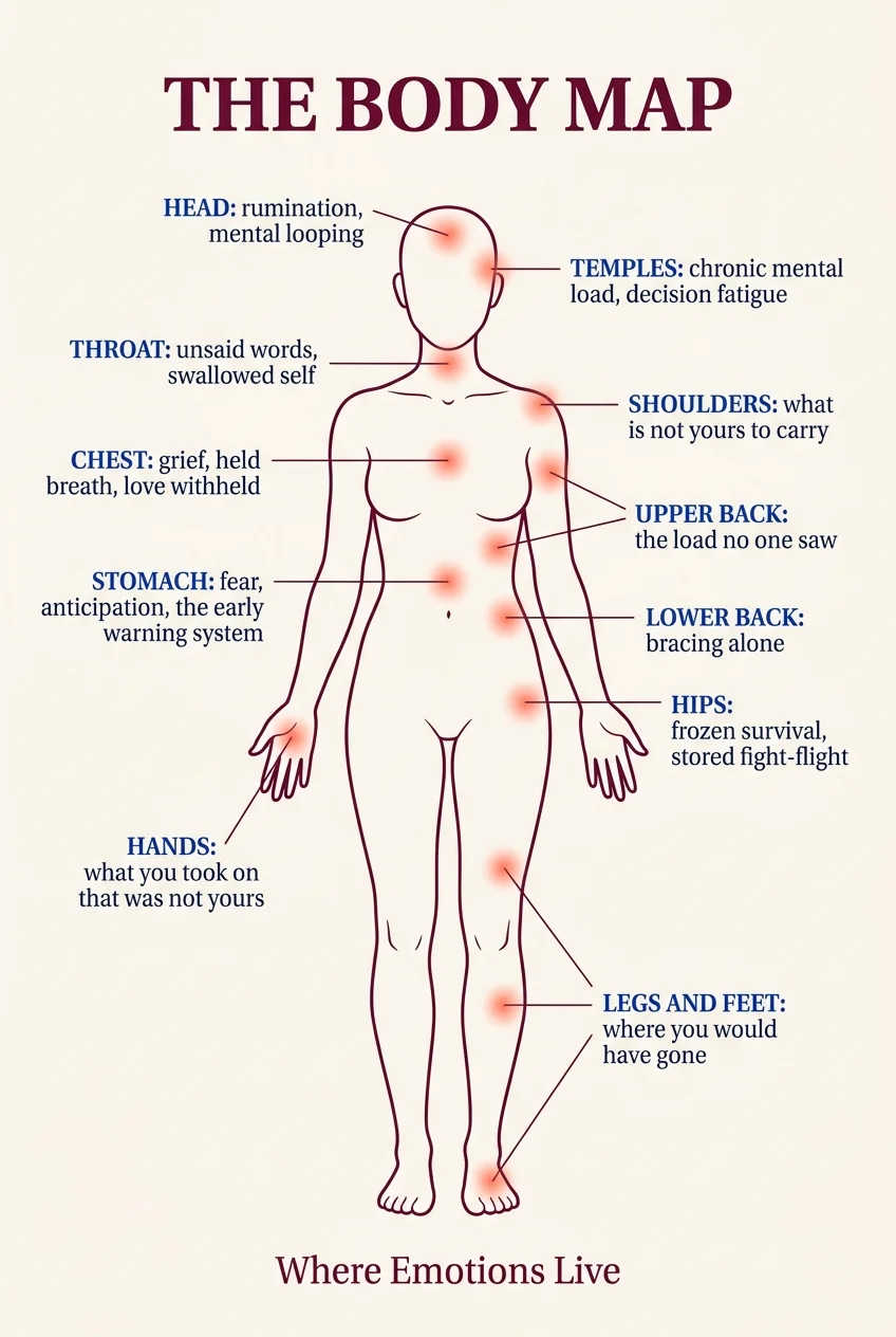 The Body Map: an illustrated chart showing where eleven specific emotions live in the body.