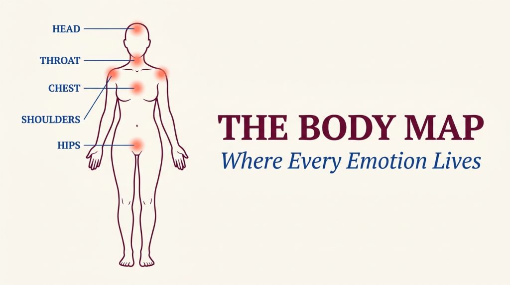 The Body Map: where every emotion lives — a chart showing where eleven specific emotional patterns store themselves in the body.