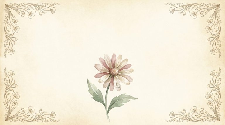 Watercolor wildflower with a single dewdrop on a petal, surrounded by vintage botanical line-art borders on cream parchment