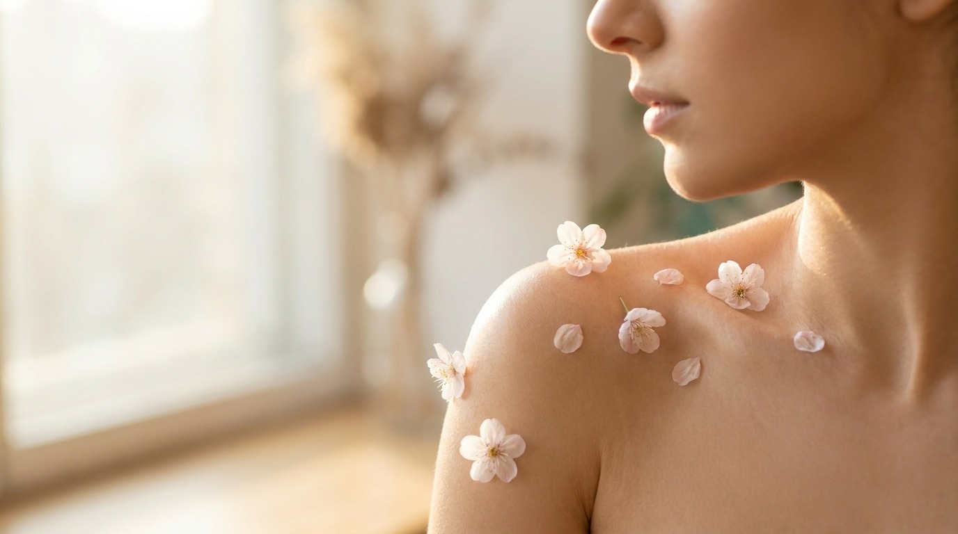 Emotional roots of dermatitis: woman's shoulder in soft daylight with delicate flower blossoms