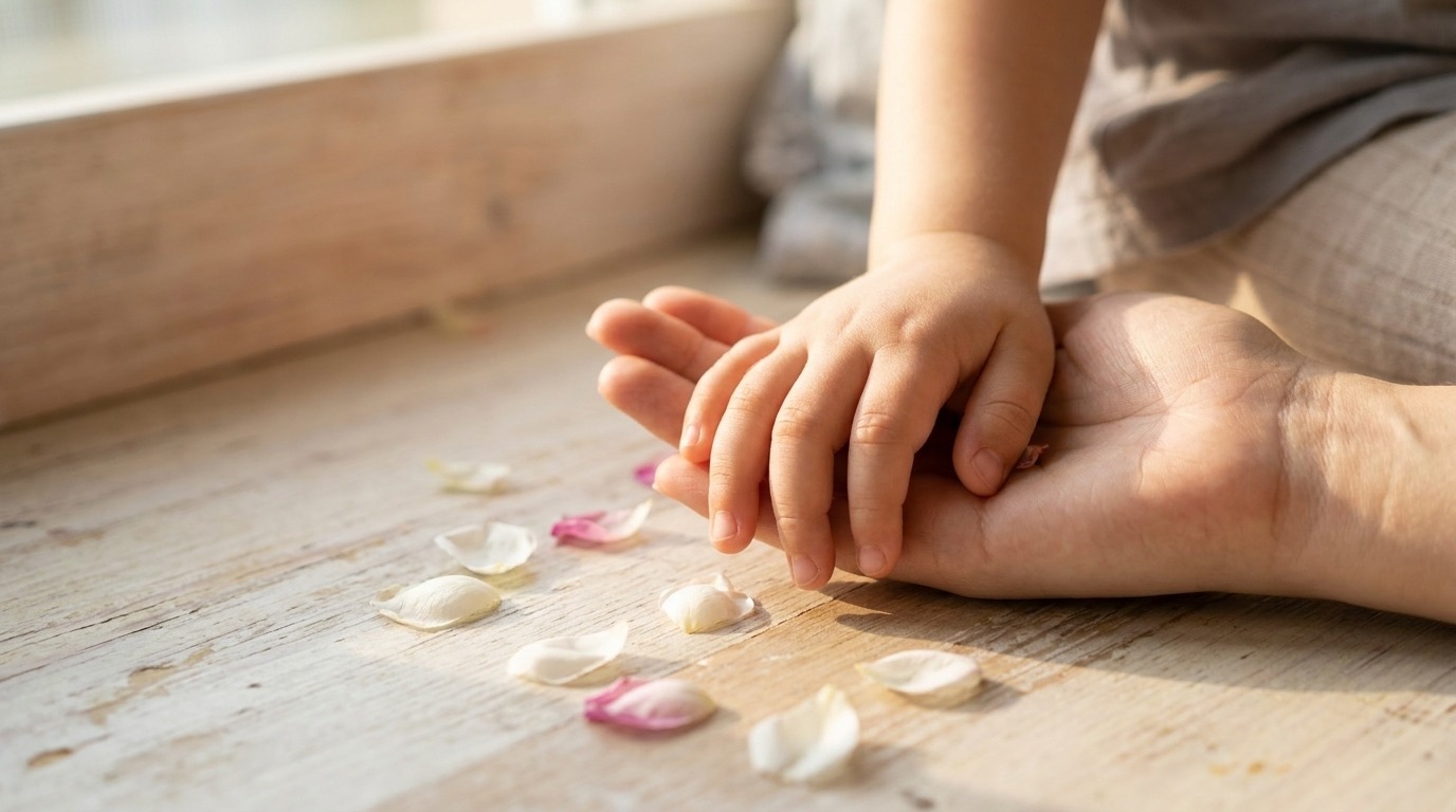 Child's hand resting in adult parent's hand in soft natural light, evoking the emotional roots of eczema and contact-break theme