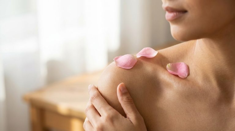 Photographic banner: a woman's bare shoulder in soft natural daylight with pink rose petals resting on healthy skin, evoking the emotional roots of reactive skin