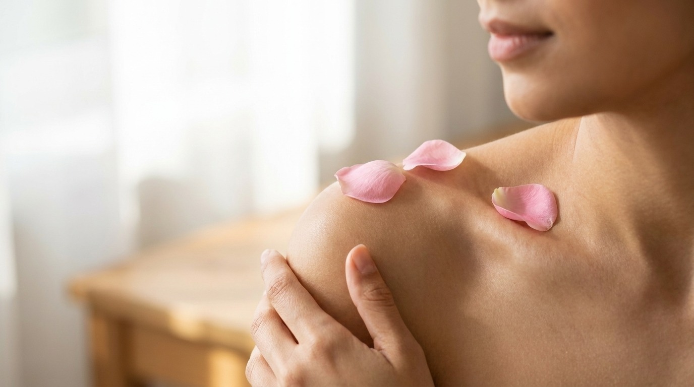 Photographic banner: a woman's bare shoulder in soft natural daylight with pink rose petals resting on healthy skin, evoking the emotional roots of reactive skin