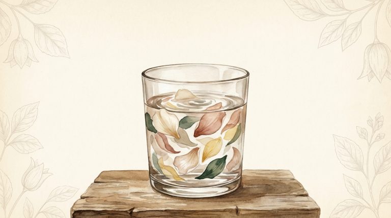 Painterly illustration of flower petals dispersing in a glass of water — how to take flower essences