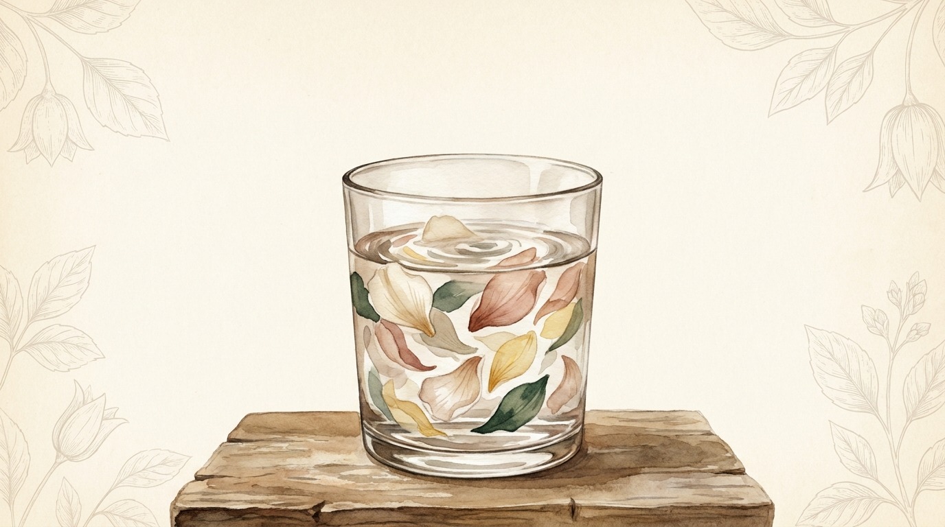 Painterly illustration of flower petals dispersing in a glass of water — how to take flower essences