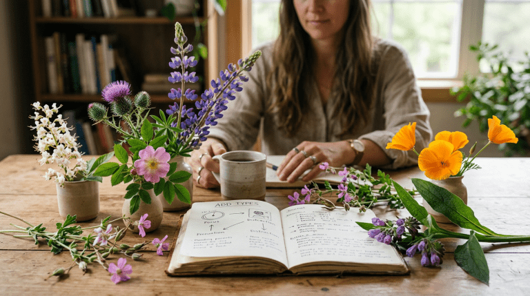Woman sitting at a wooden table with a book open that says "types of adhd". Strewn around the table and her cup of coffee are various flowers.