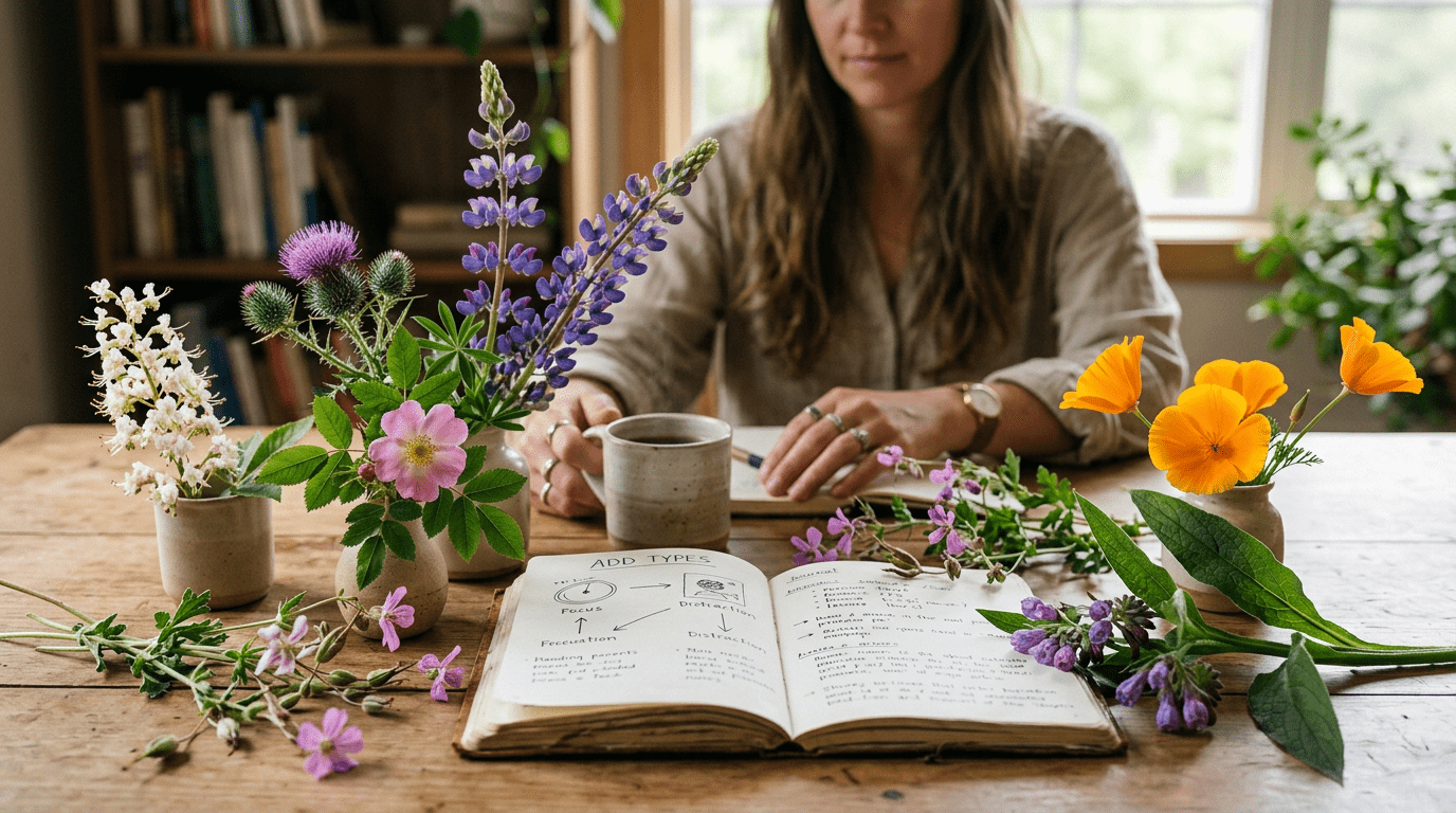 Woman sitting at a wooden table with a book open that says "types of adhd". Strewn around the table and her cup of coffee are various flowers.
