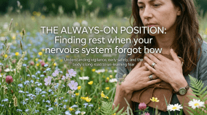 Woman in a field of flowers clasping a field guide, looking like she can't let go.