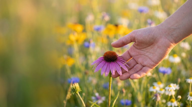 A hand reaching toward one wildflower in a meadow of many — choosing the right flower essence for the person, not the label