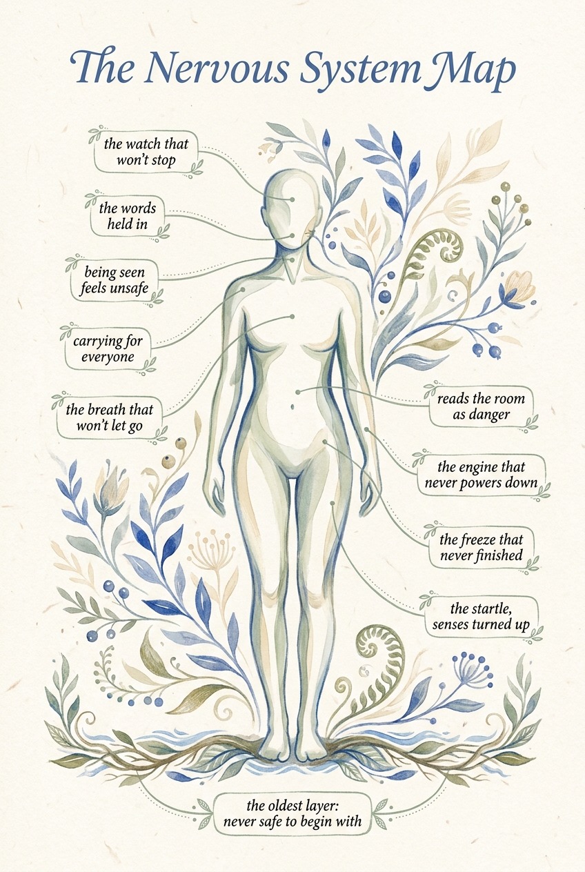 The Nervous System Map: an illustrated body chart showing where a hypervigilant, always-on nervous system holds tension, region by region.