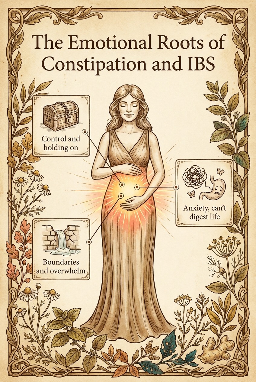 The emotional roots of constipation and IBS — the gut as the letting-go organ, mapped to three roots: control and holding on, anxiety and can't-digest-life, and boundaries and overwhelm