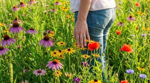 Wildflowers rising to a woman's hip in a summer meadow, illustrating the emotional roots of hip pain