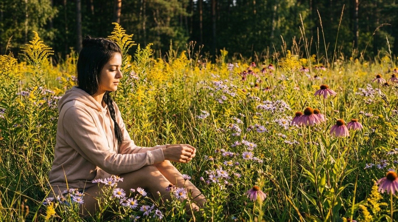 Woman seated in a sunlit wildflower meadow, still and inward, illustrating grief stored in the hips