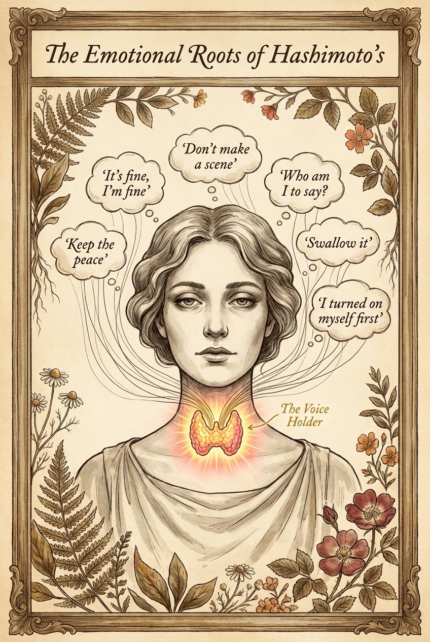 The Emotional Roots of Hashimoto's — the self-silencing sayings in thought bubbles all converging down onto the glowing thyroid, the gland that holds the voice