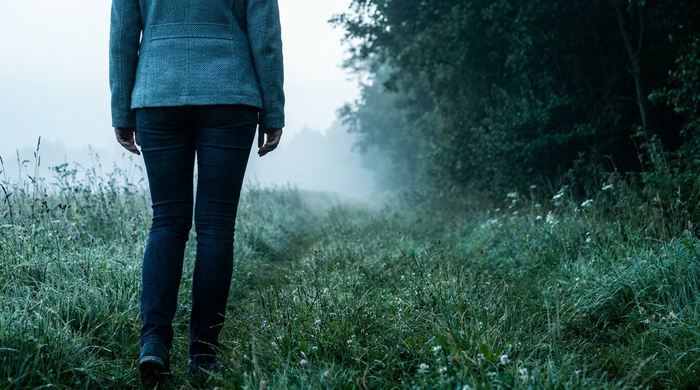 Woman seen from behind at a misty threshold where a meadow path meets a treeline, illustrating fear of moving forward