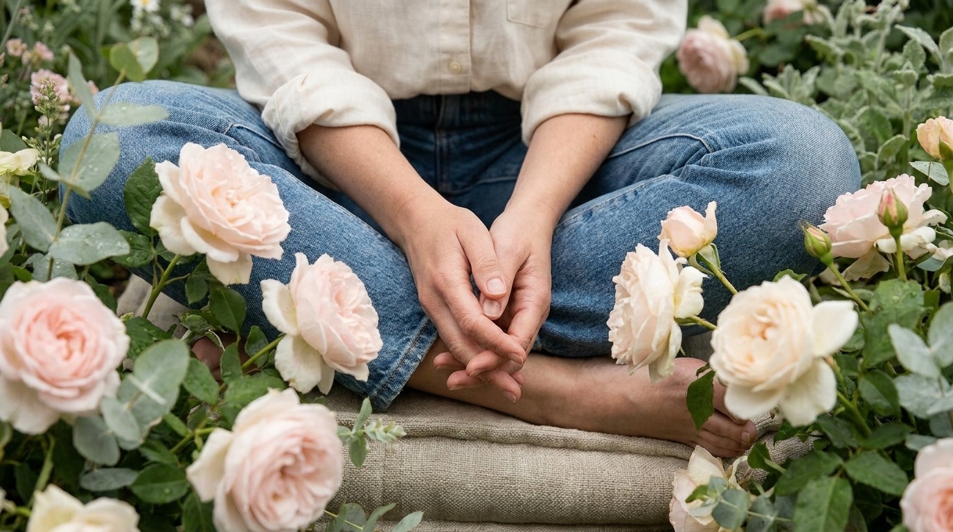 Seated woman's hands resting low and protectively in her lap among pale roses, illustrating sexual shame held in the pelvis