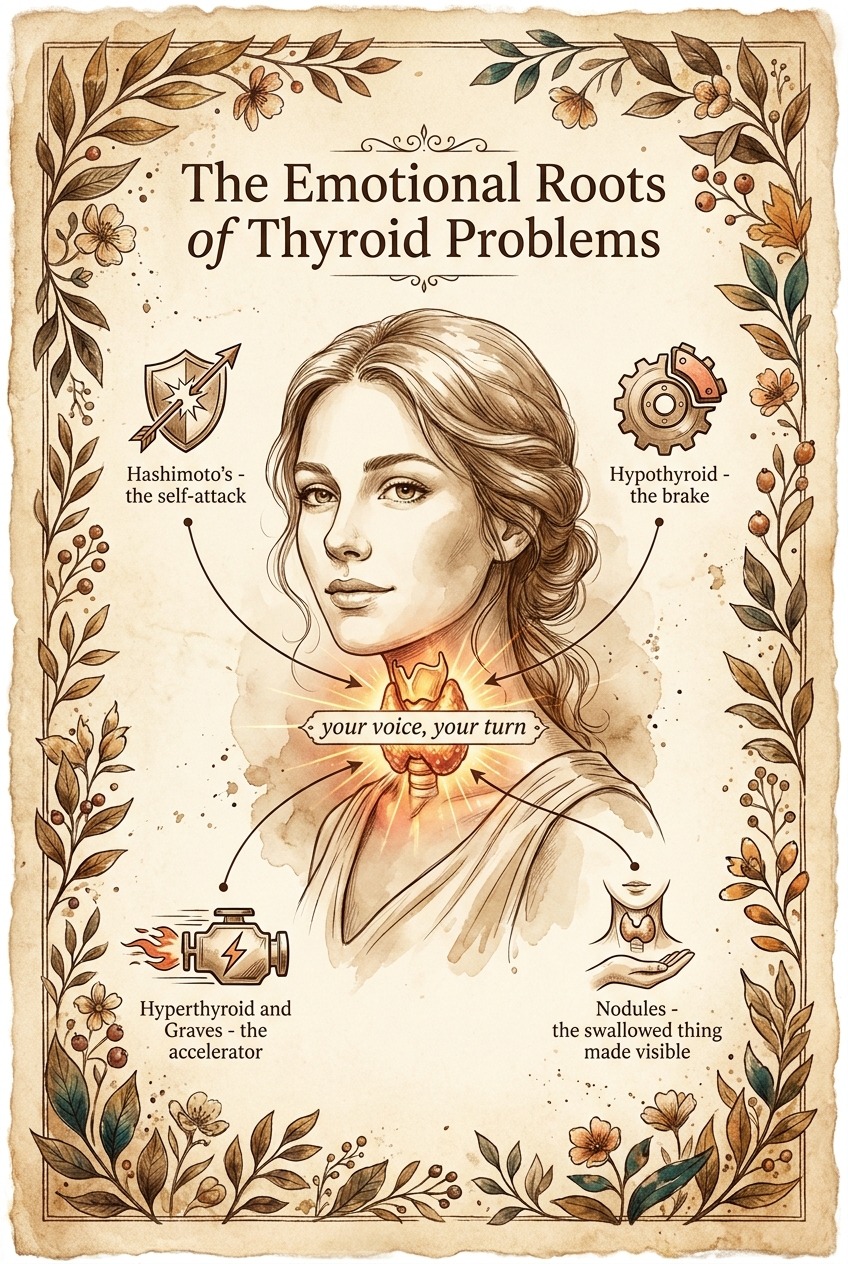 The Emotional Roots of Thyroid Problems — the throat/thyroid map with the four patterns: Hashimoto's the self-attack, hypothyroid the brake, hyperthyroid and Graves' the accelerator, nodules the swallowed thing made visible
