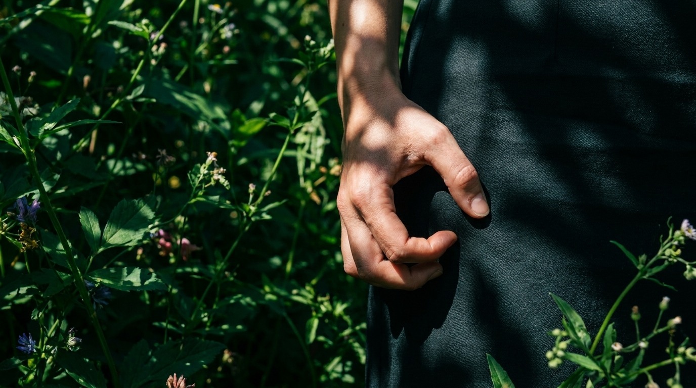 Close crop of a hand resting tense against a hip in dappled shade, illustrating trauma stored in the hips