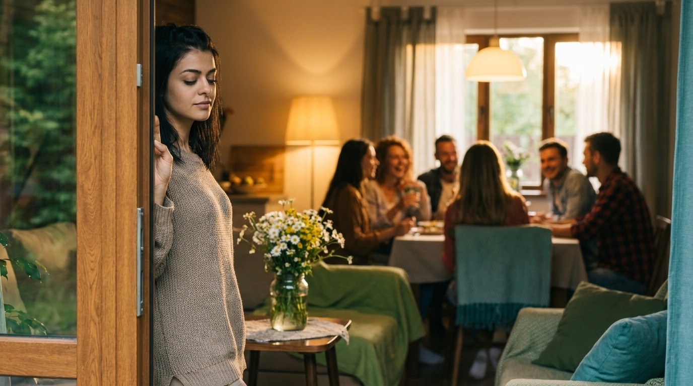 A woman pausing in a doorway, hand on the frame, before entering a room of friends talking around a table