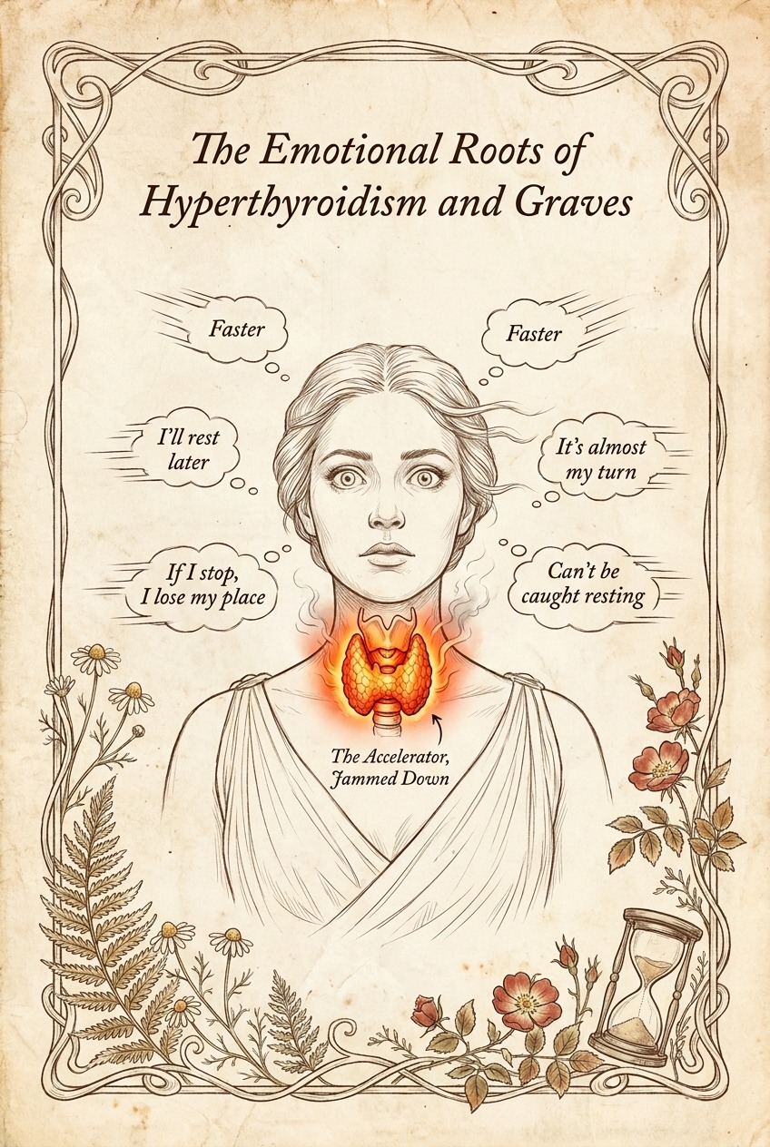 The Emotional Roots of Hyperthyroidism and Graves' — the overactive thyroid as an accelerator jammed down, ringed by the racing thoughts: I'll rest later, if I stop I lose my place, faster