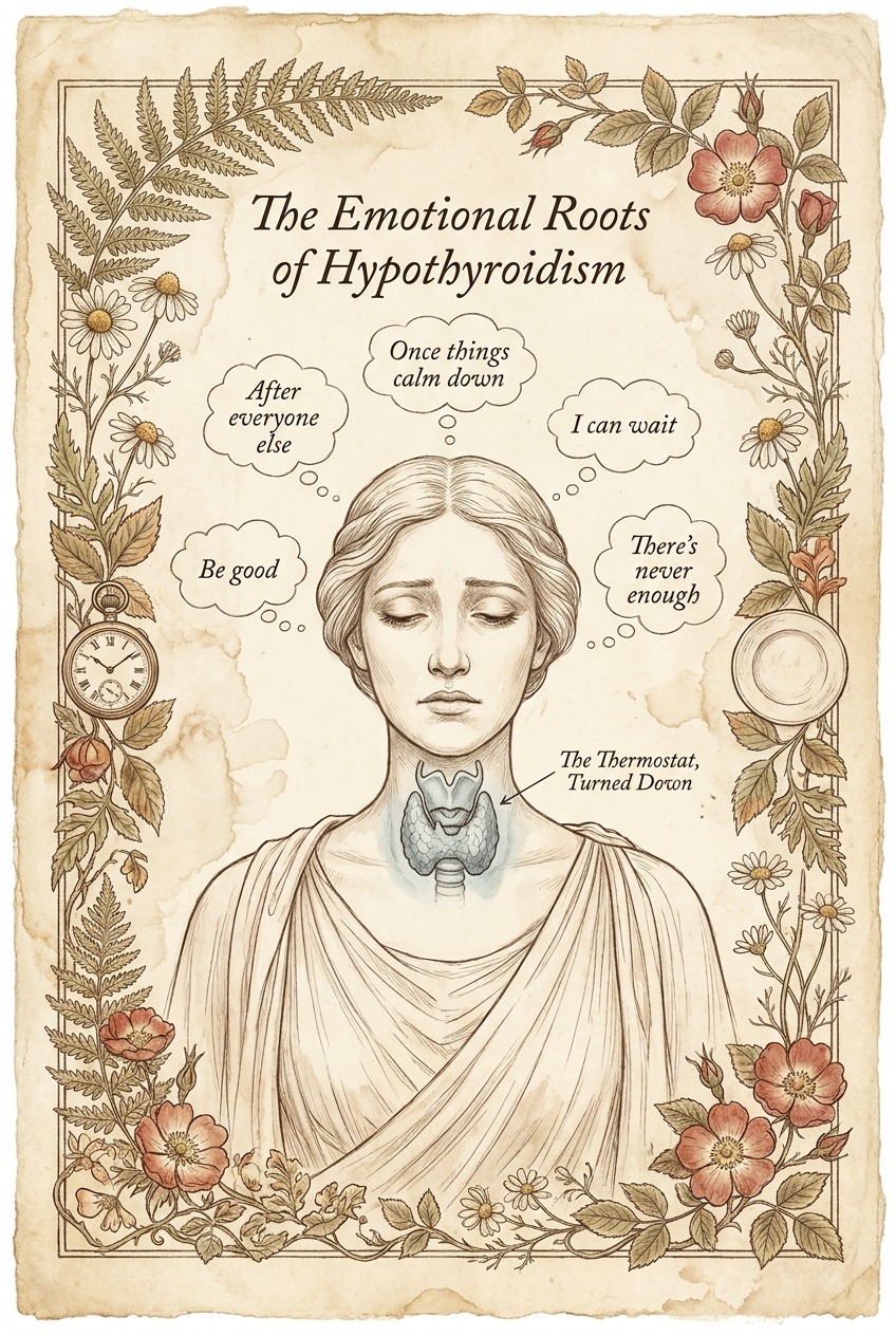 The Emotional Roots of Hypothyroidism โ the dimmed thyroid as a thermostat turned down, with the two stories that turn it down: a life run on someone else's clock, and years of running on less than the body asked for