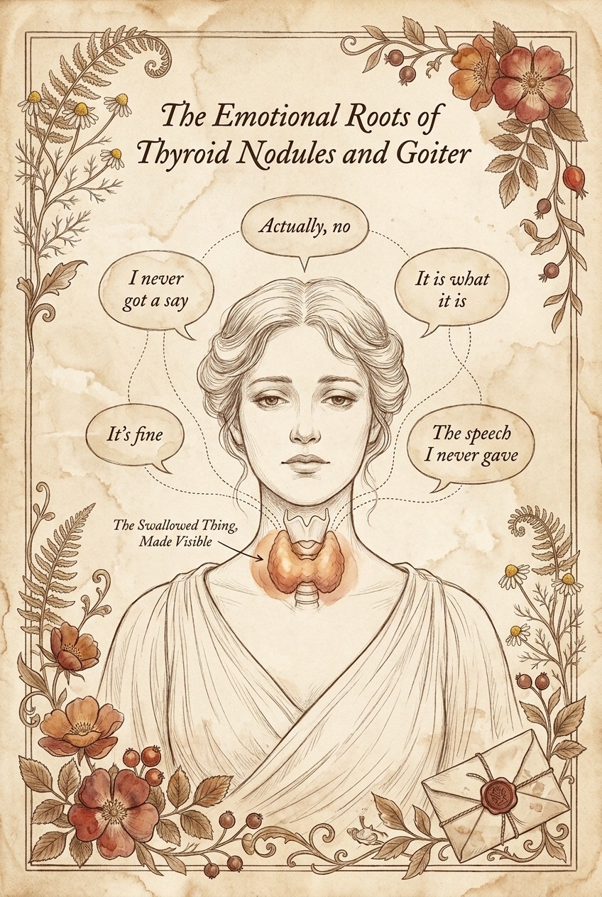 The Emotional Roots of Thyroid Nodules and Goiter — the unsaid sentences drifting down the throat and gathering into a knot where the thyroid lives, the swallowed thing made visible