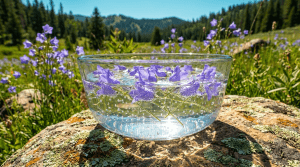 Harebell blossoms floating on a bowl of water in the sun, how flower essences are made