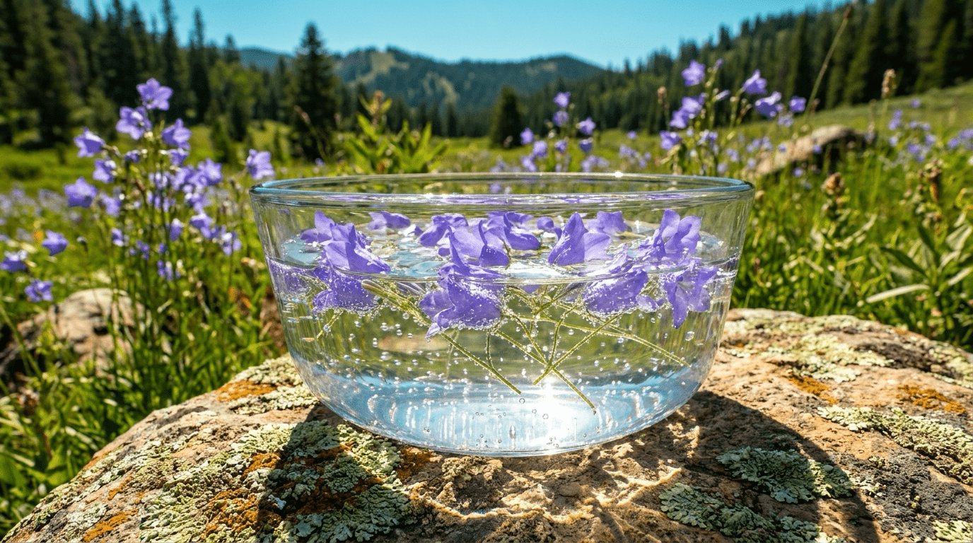 Harebell blossoms floating on a bowl of water in the sun, how flower essences are made