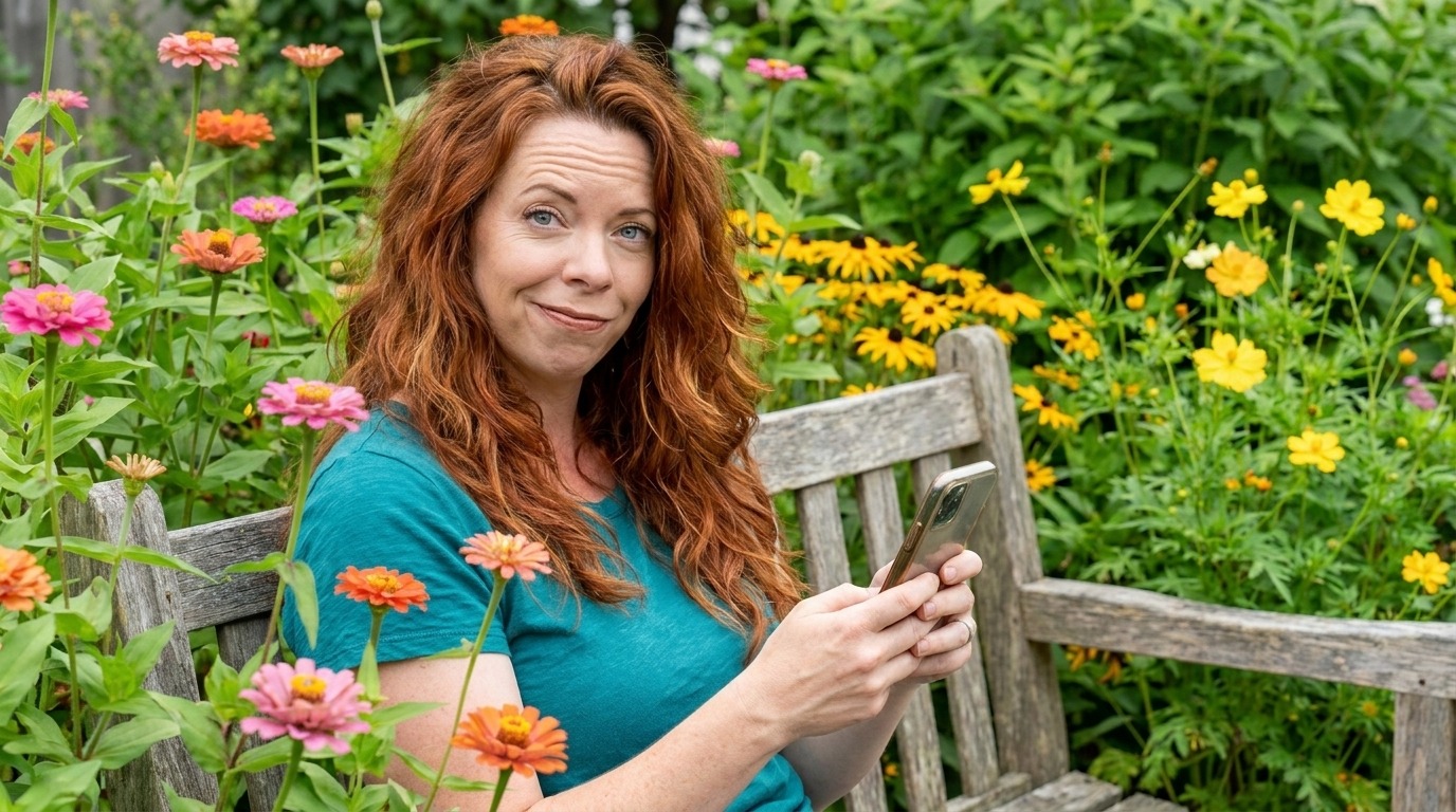 Seneca on a garden bench with her phone, eyebrow raised, catching herself overreacting